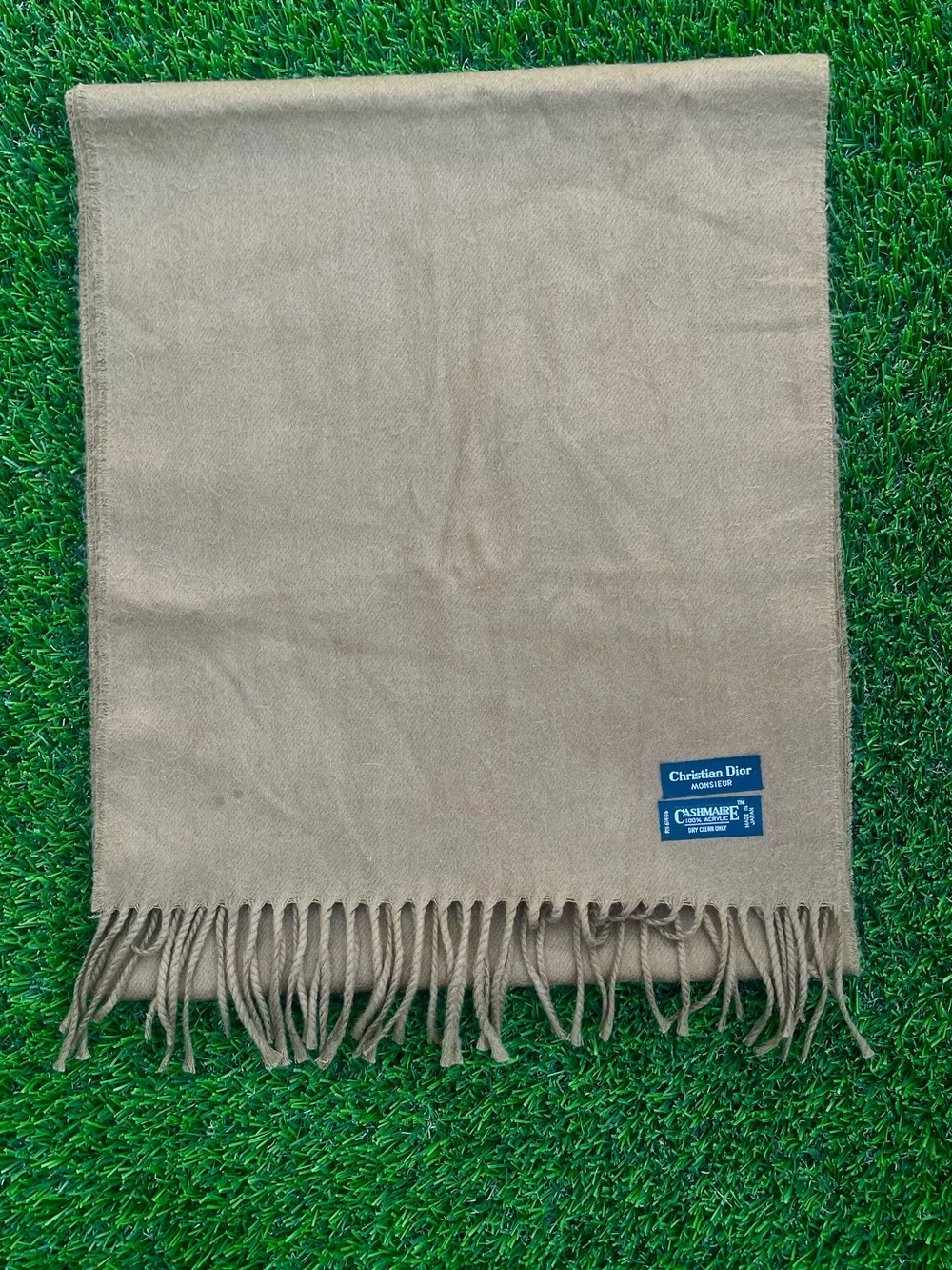 VTG Christian Dior Monsieur Cashmaire Scarf Tan Camel Fringe Made In Japan